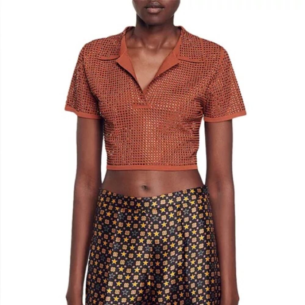 SANDRO Vierge Embellished Polo in Brown Crop Size Large